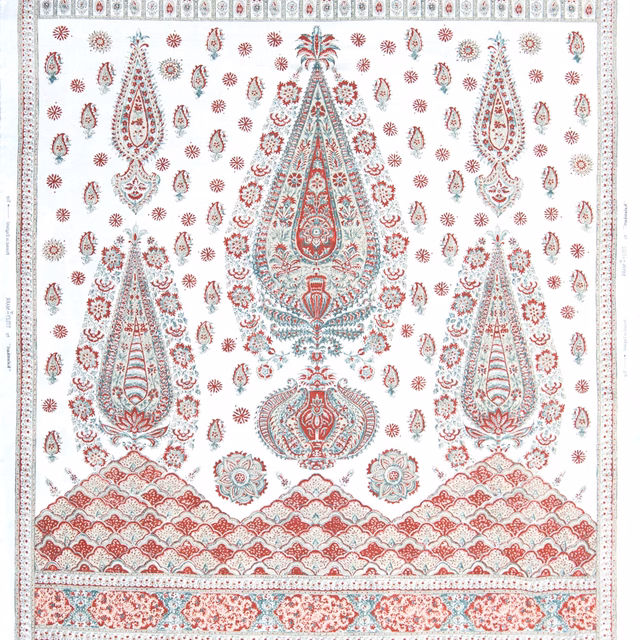Tall printed textile panel with aqua and rose paisley motifs on a white ground
