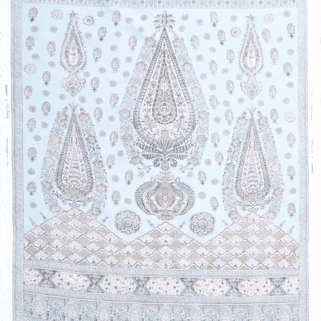 Pale cream fabric swatch with ornate kalamkari panel motifs in dove grey and sand