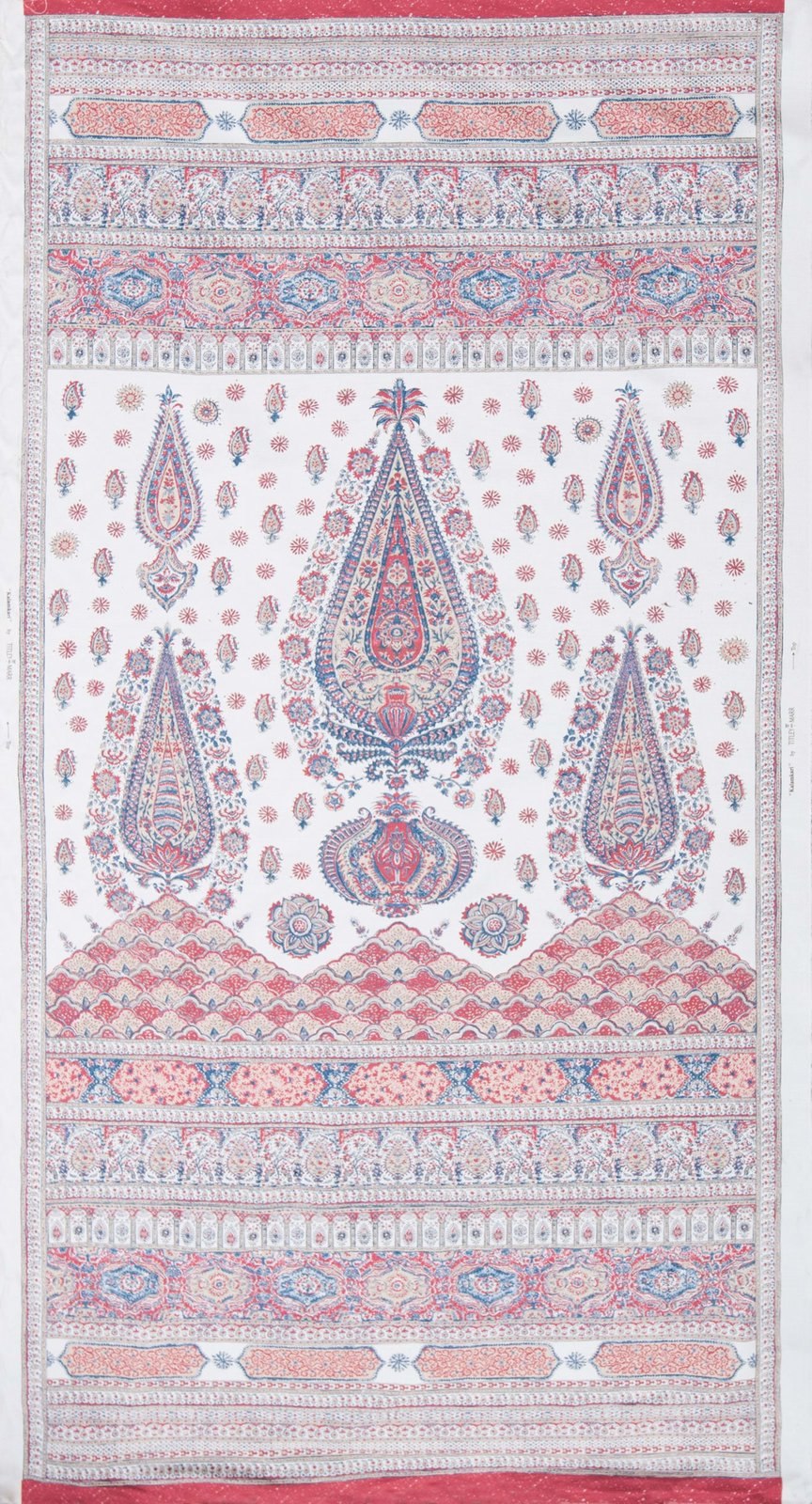 Tall kalamkari panel swatch with indigo and madder pink motifs on ivory