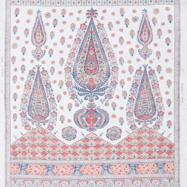 Tall kalamkari panel swatch with indigo and madder pink motifs on ivory