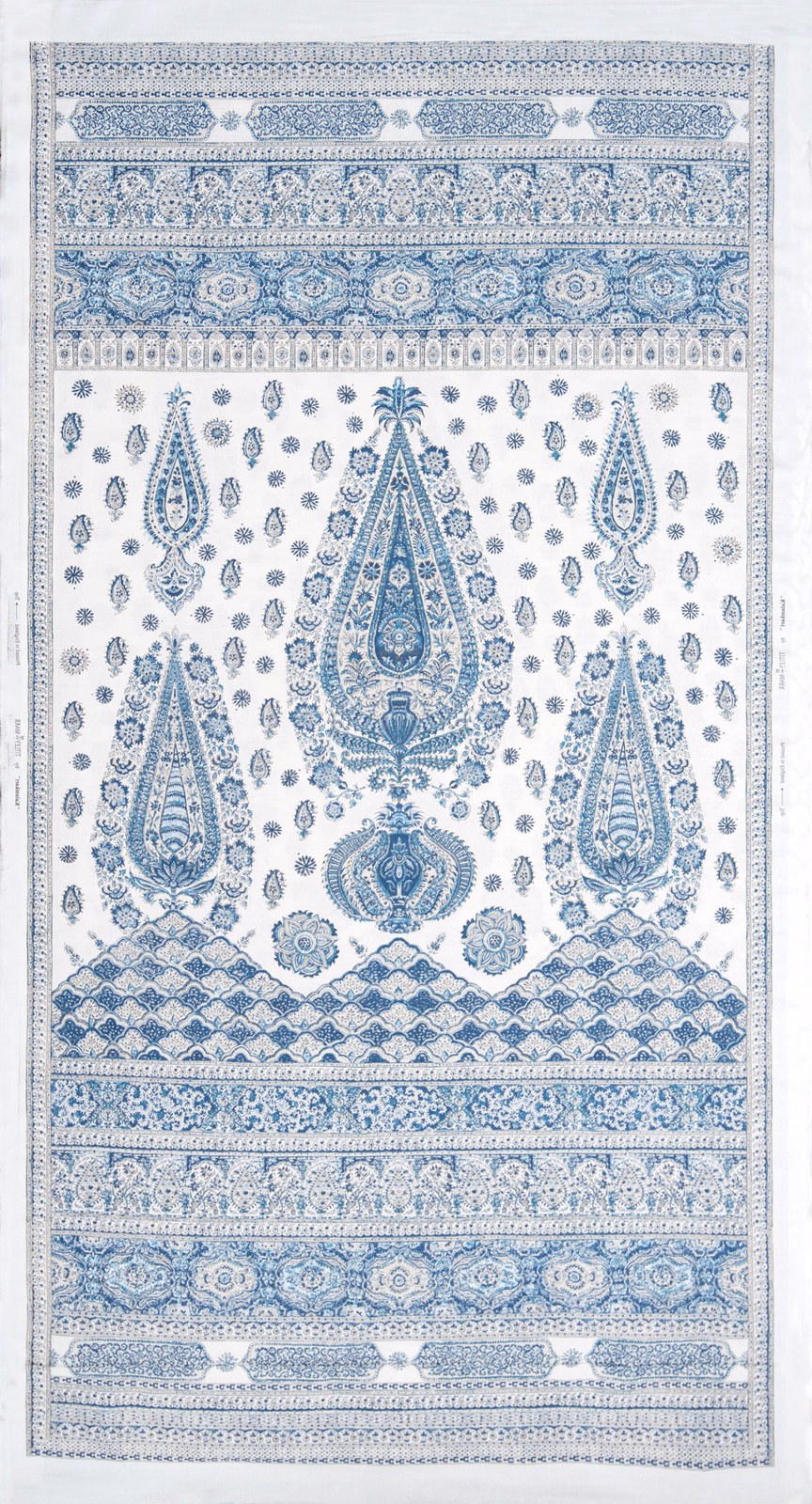 Tall indigo patterned fabric panel with ornate borders and teardrop motifs