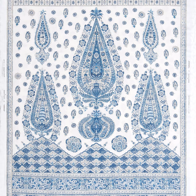 Tall indigo patterned fabric panel with ornate borders and teardrop motifs