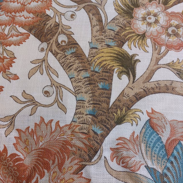 Large Tree of Life botanical swatch with coral, brown and teal details on cream ground