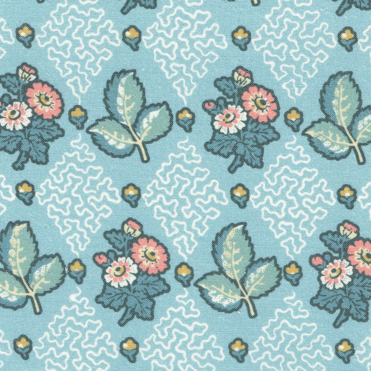 Aqua printed fabric with pink flowers, sage leaves and white squiggles