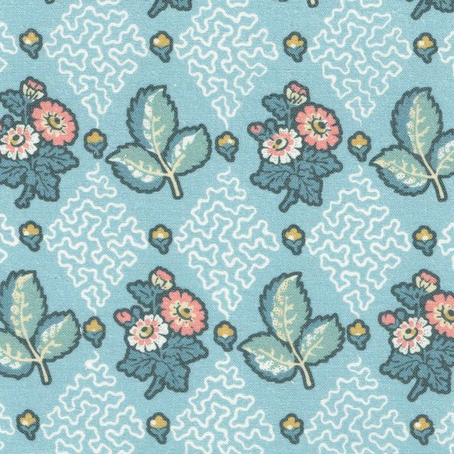 Aqua printed fabric with pink flowers, sage leaves and white squiggles