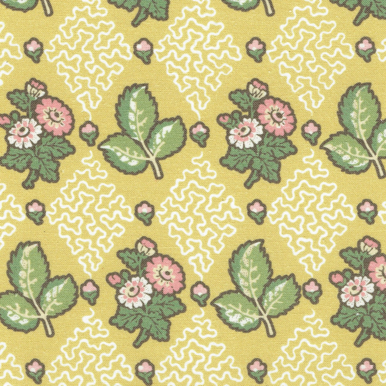 Saffron yellow floral fabric with pink blossoms, green leaves and white squiggle motifs