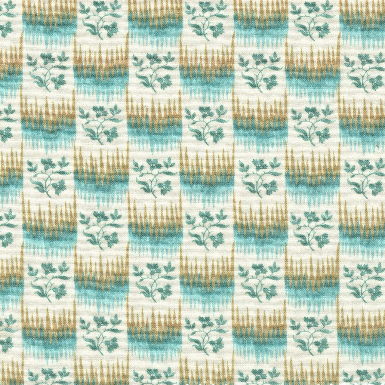Repeating blue, beige and teal striped floral fabric on a pale ground