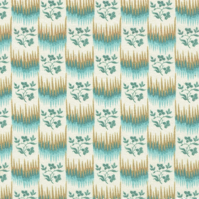 Repeating blue, beige and teal striped floral fabric on a pale ground