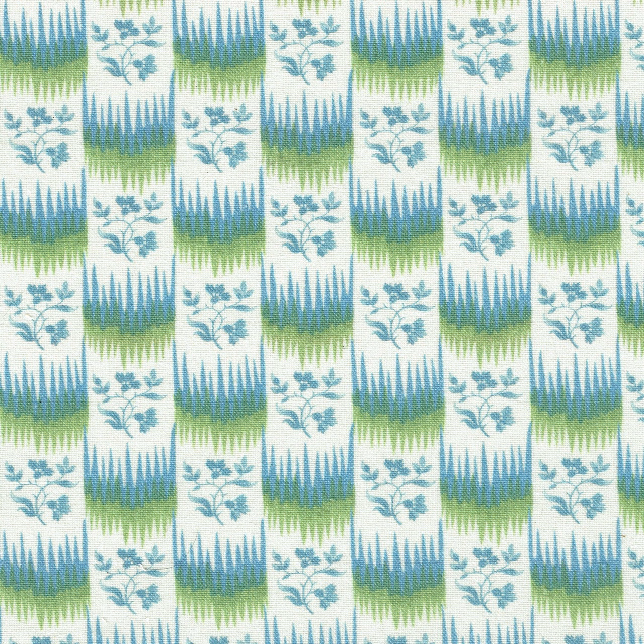 Blue-green and lime striped printed fabric with small floral sprigs on a pale ground
