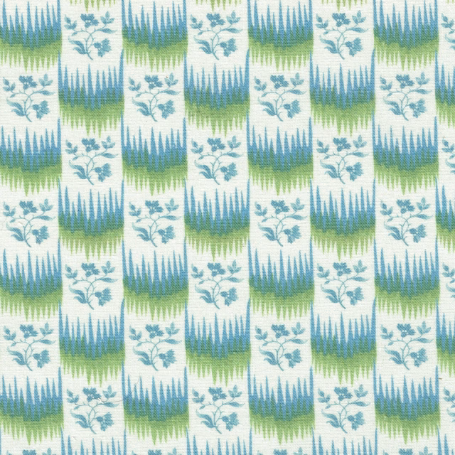 Blue-green and lime striped printed fabric with small floral sprigs on a pale ground