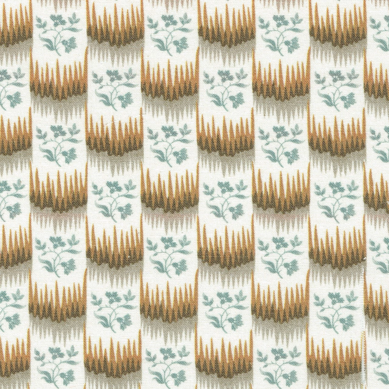 Repeat print with warm grey-brown and mustard stepped motifs and sage leaf sprigs