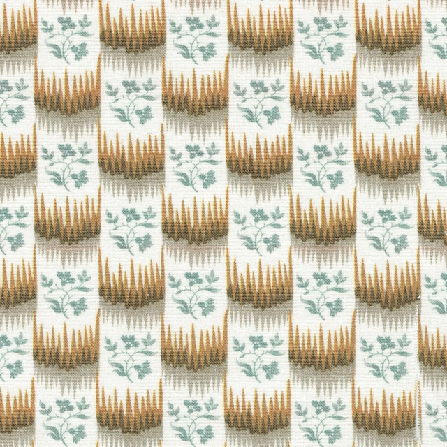 Repeat print with warm grey-brown and mustard stepped motifs and sage leaf sprigs