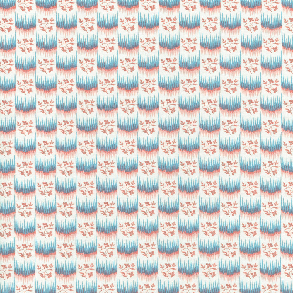 Small repeat print with aqua zigzag stripes and rose sprigs on a cream ground