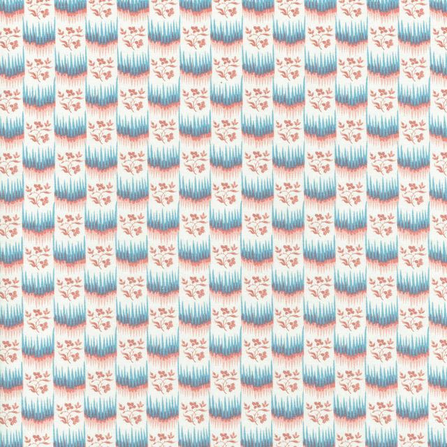 Small repeat print with aqua zigzag stripes and rose sprigs on a cream ground