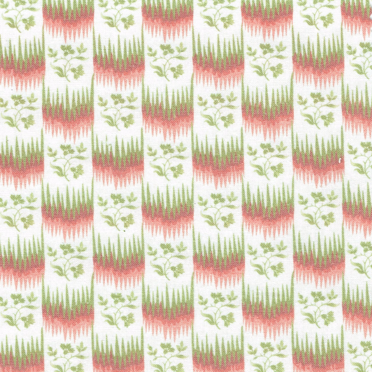 Pink and sage vertical stripe fabric with small floral sprigs on a pale ground