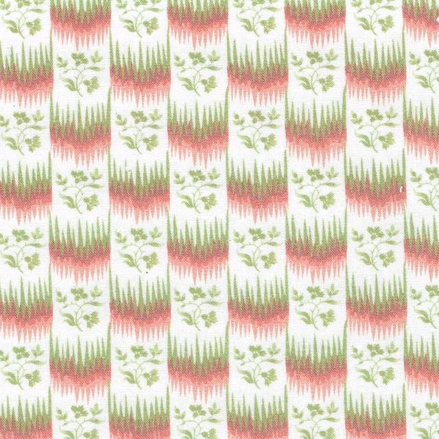 Pink and sage vertical stripe fabric with small floral sprigs on a pale ground
