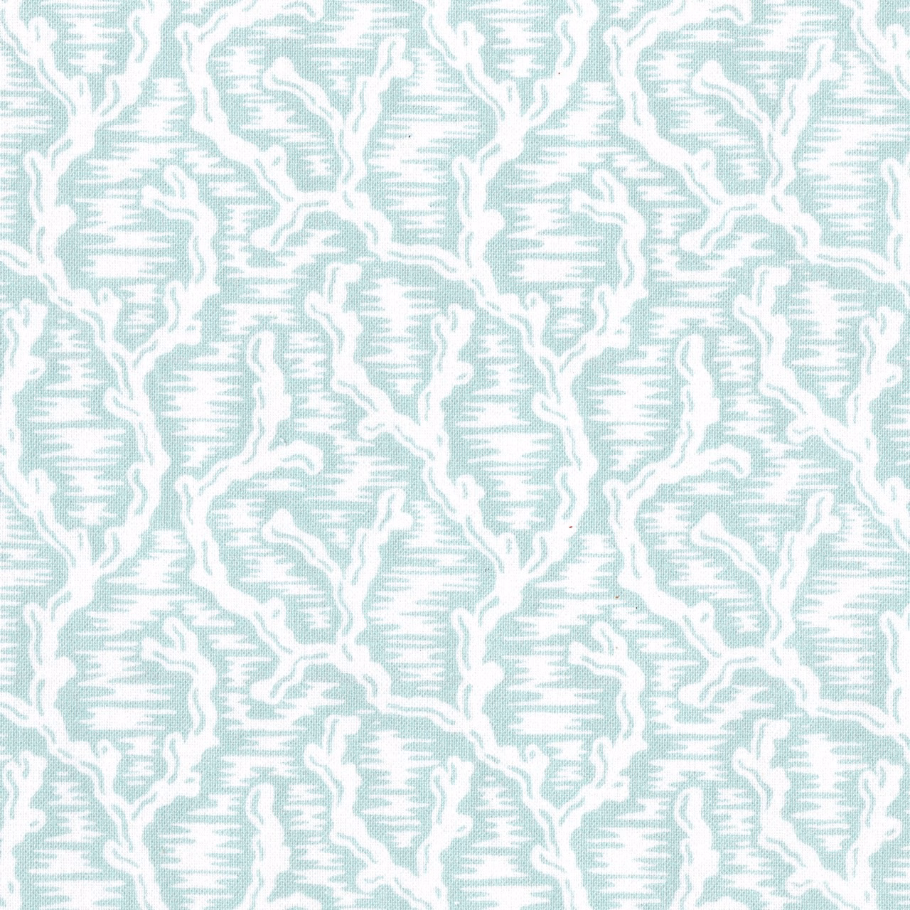 Pale aqua printed fabric with large white abstract lattice motif