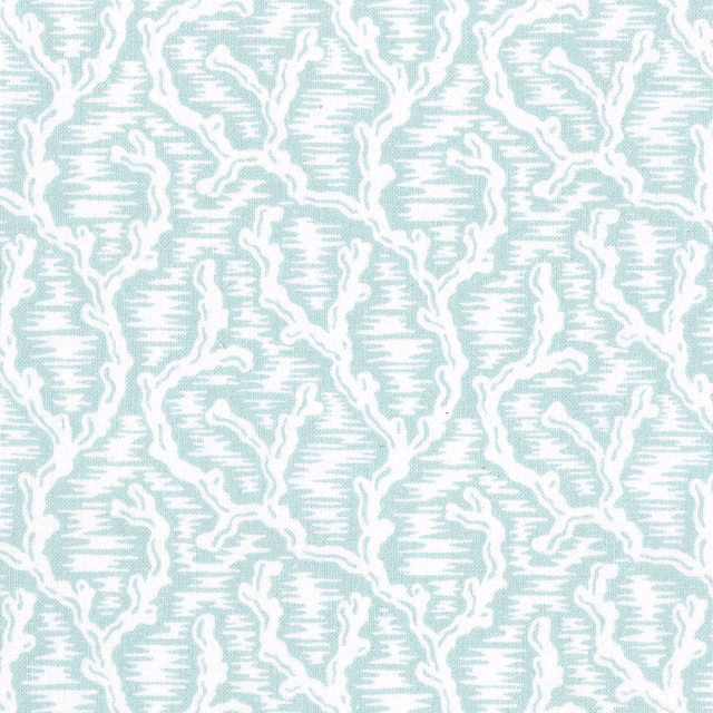Pale aqua printed fabric with large white abstract lattice motif