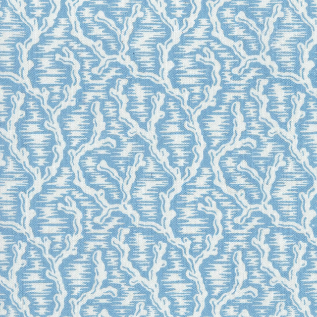 Soft blue printed fabric with an irregular ivory branching motif