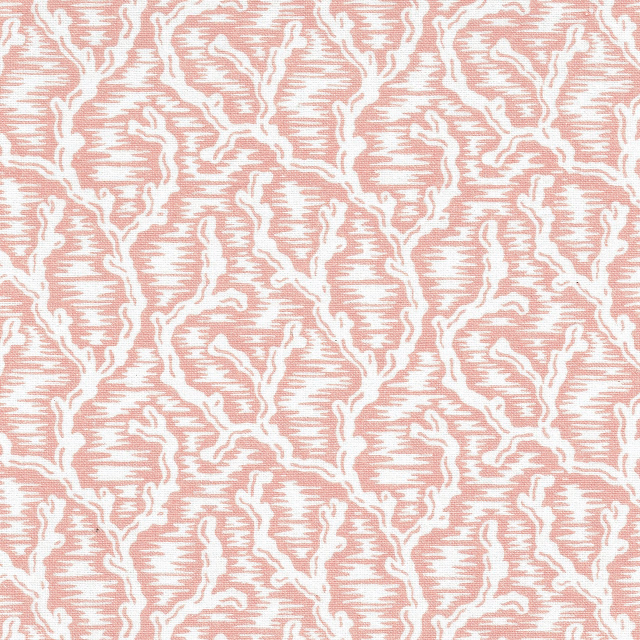 Coral pink fabric with white organic lattice motif and fine striated ground