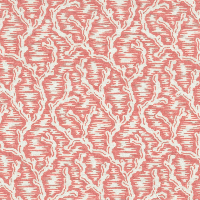 Pink and ivory botanical print fabric with a striped textured ground