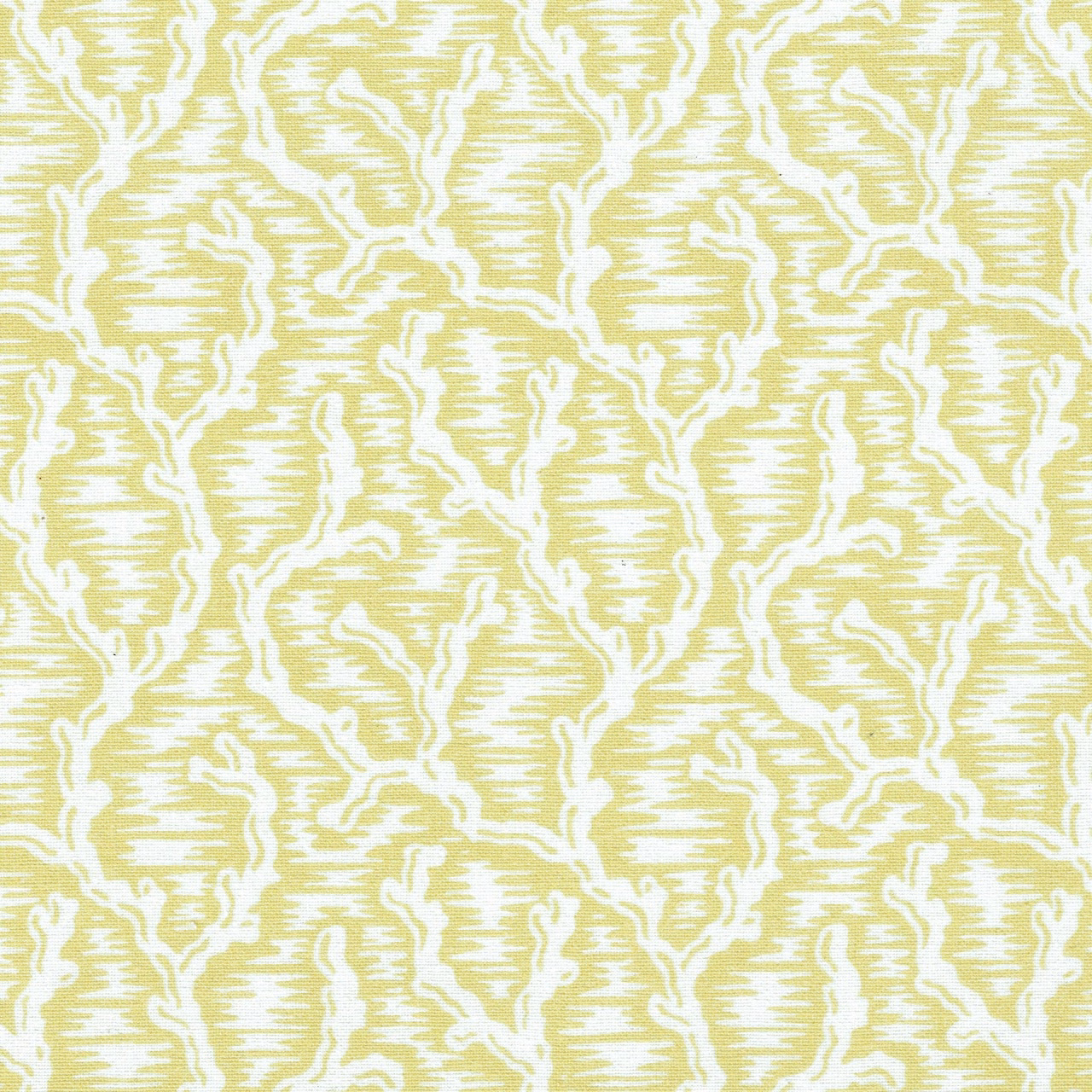 Yellow and white textured woven fabric with a large scrolling pattern