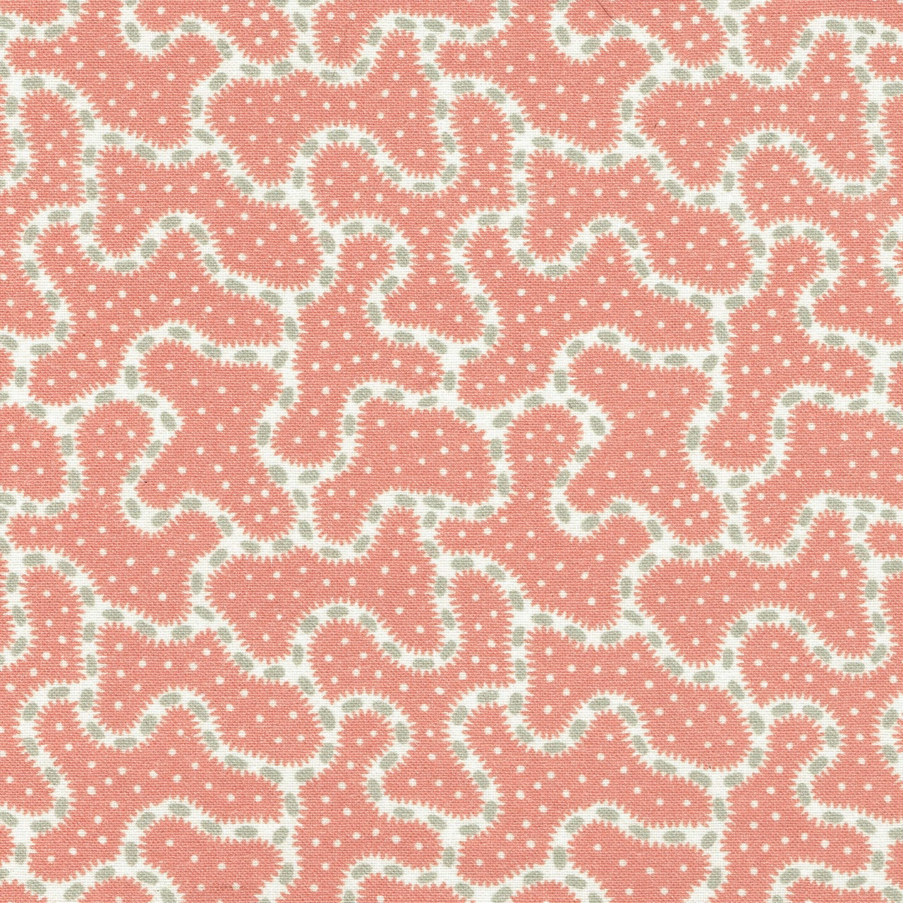 Coral pink abstract print with creamy winding outlines and tiny dotted texture