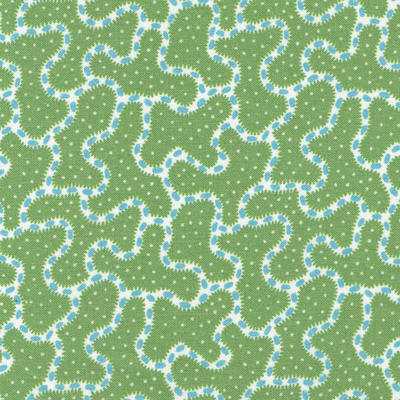 Large abstract green print with pale blue outlines and white dots on a woven ground