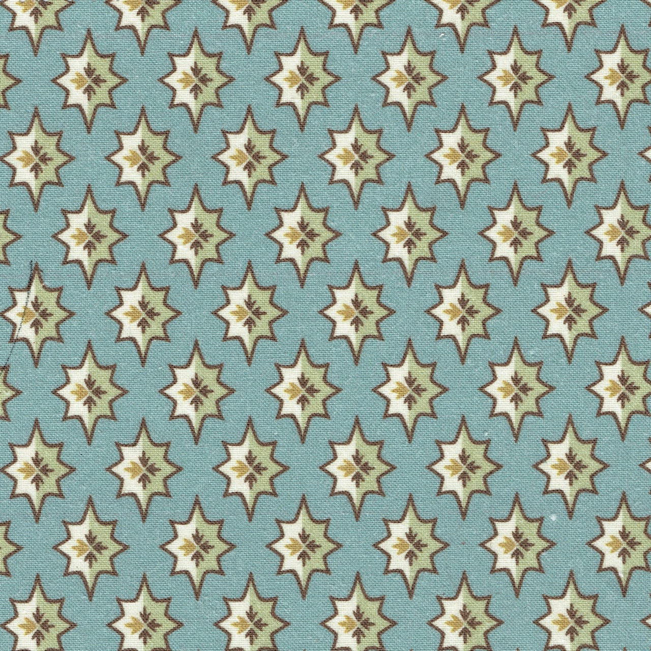 Aqua blue printed fabric with cream star motifs and brown outlines