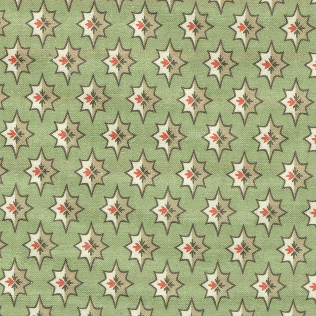 Sage green printed fabric with small star motifs and red accents