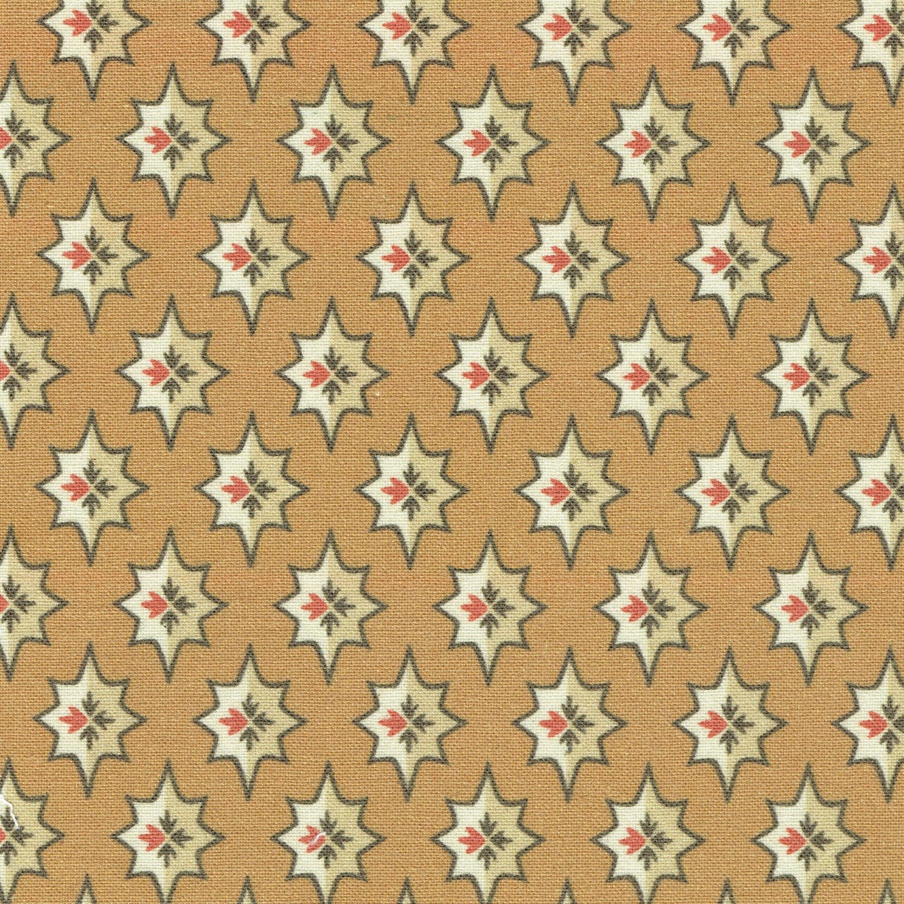 Warm sand beige fabric with small cream star motifs and red accents