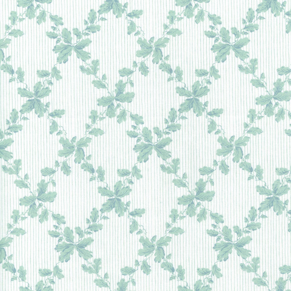 Soft aqua floral trail on a white pinstriped fabric ground