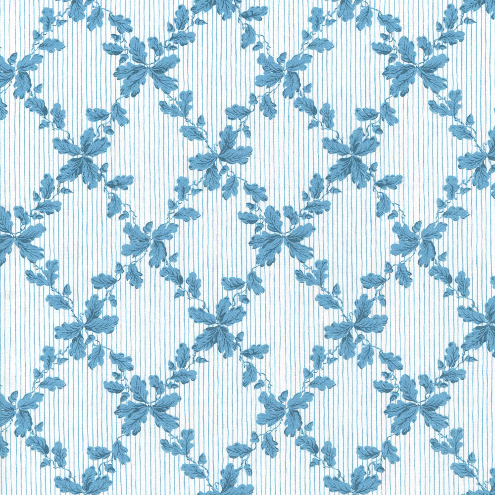Powder-blue floral trellis on a white ground with fine vertical pinstripes