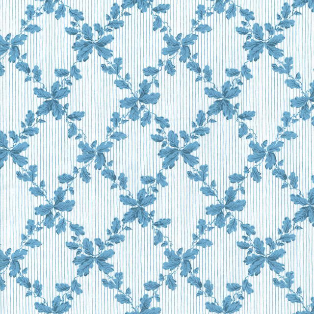 Powder-blue floral trellis on a white ground with fine vertical pinstripes