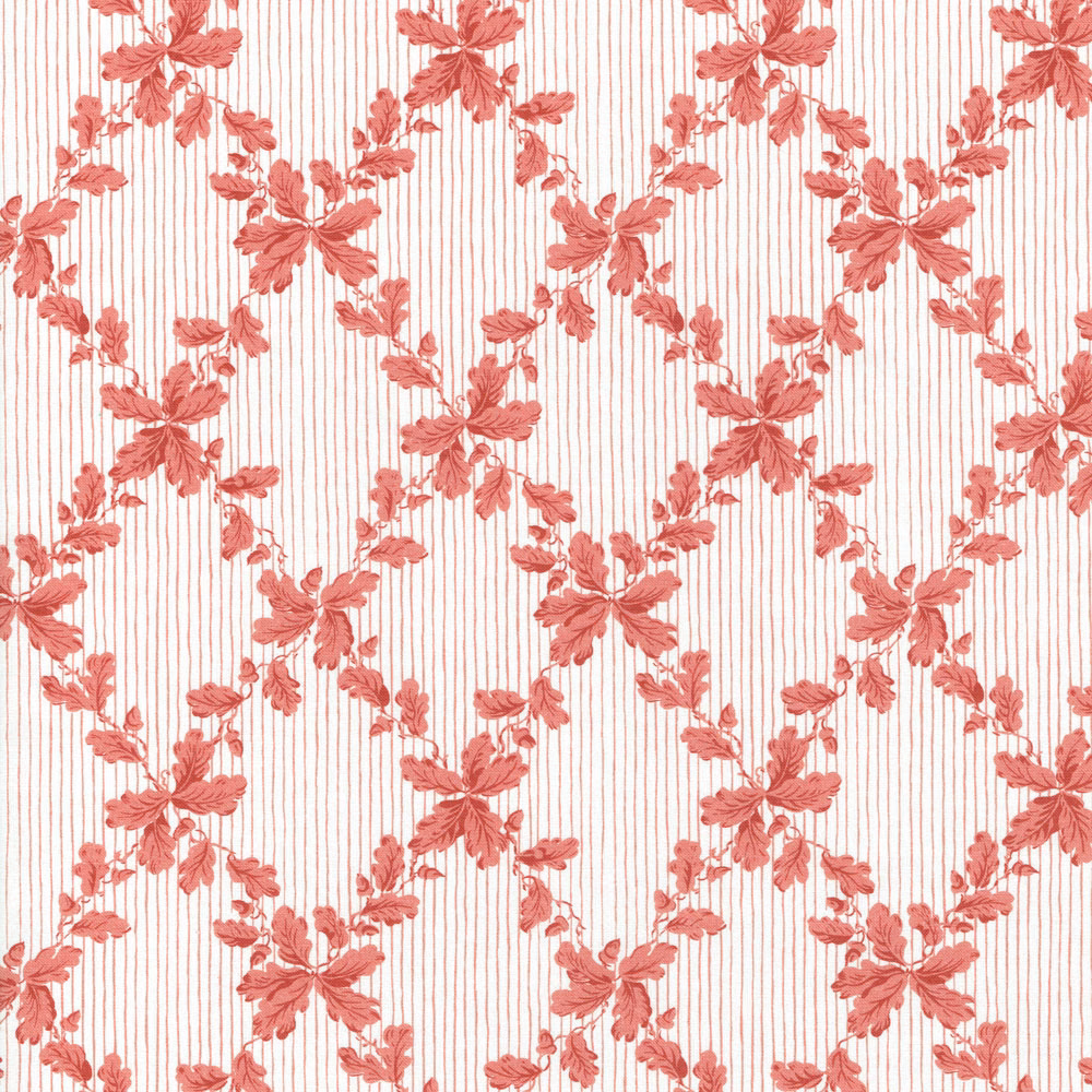 Cherry pink floral lattice on a pale ground with fine vertical stripes