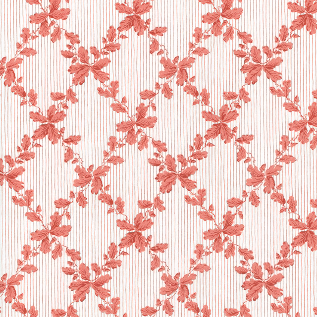Cherry pink floral lattice on a pale ground with fine vertical stripes