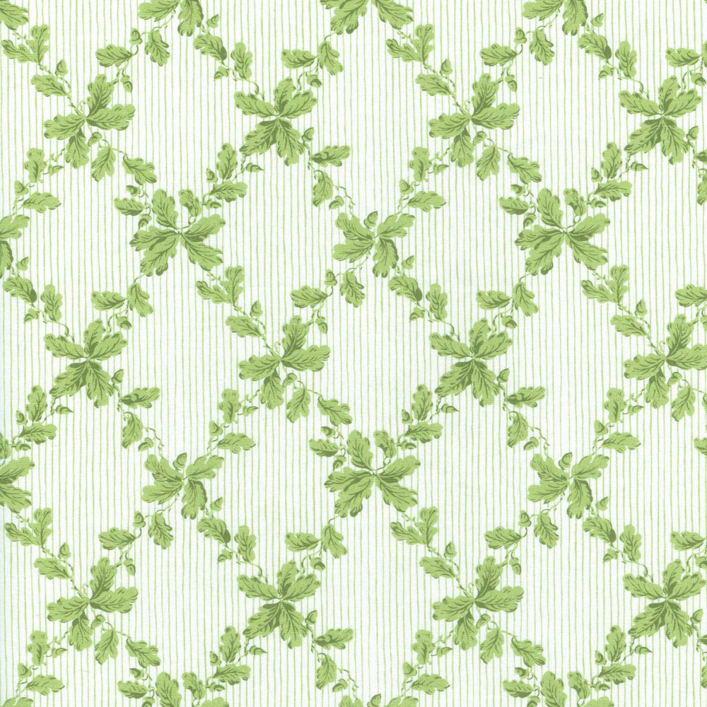 Green leafy floral print on a white ground with fine vertical stripes