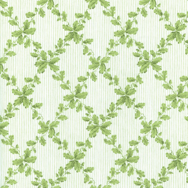 Green leafy floral print on a white ground with fine vertical stripes