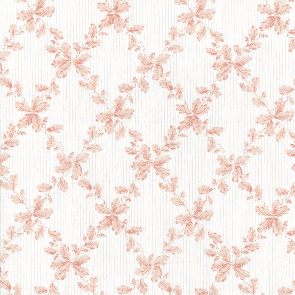 Blush pink floral trellis pattern on a pale vertically striped ground