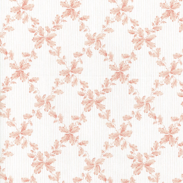 Blush pink floral trellis pattern on a pale vertically striped ground