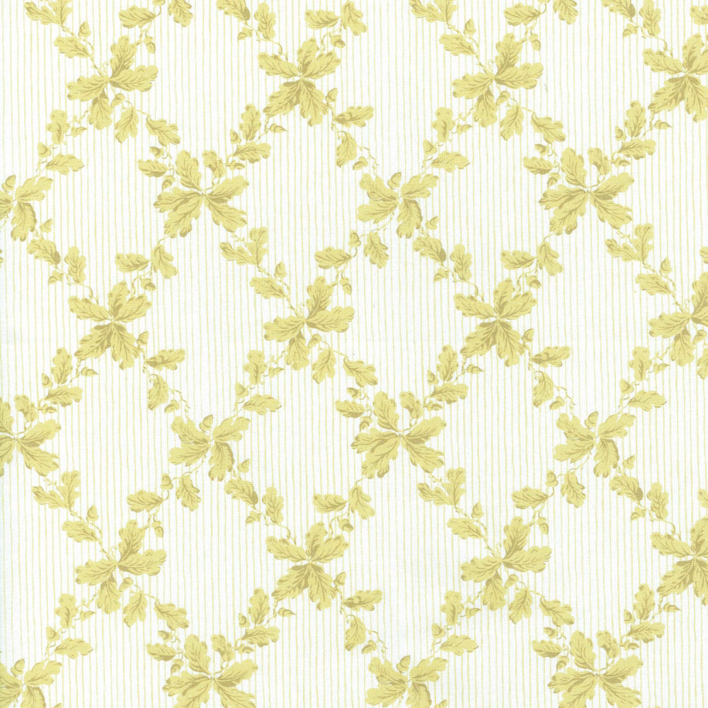 Pale yellow floral lattice print on a fine striped white ground