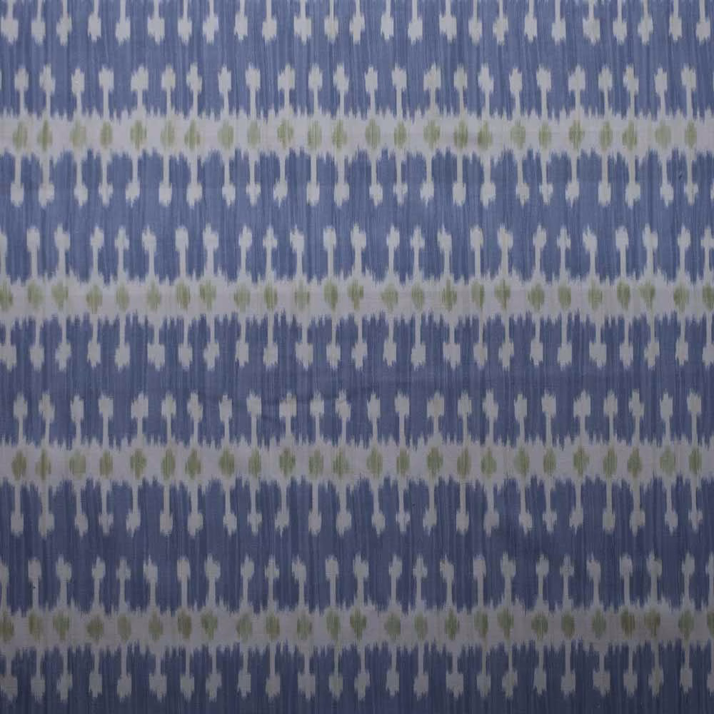 Blue woven stripe fabric with pale ground and soft green accents