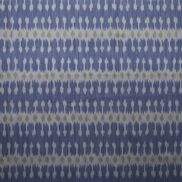 Blue woven stripe fabric with pale ground and soft green accents