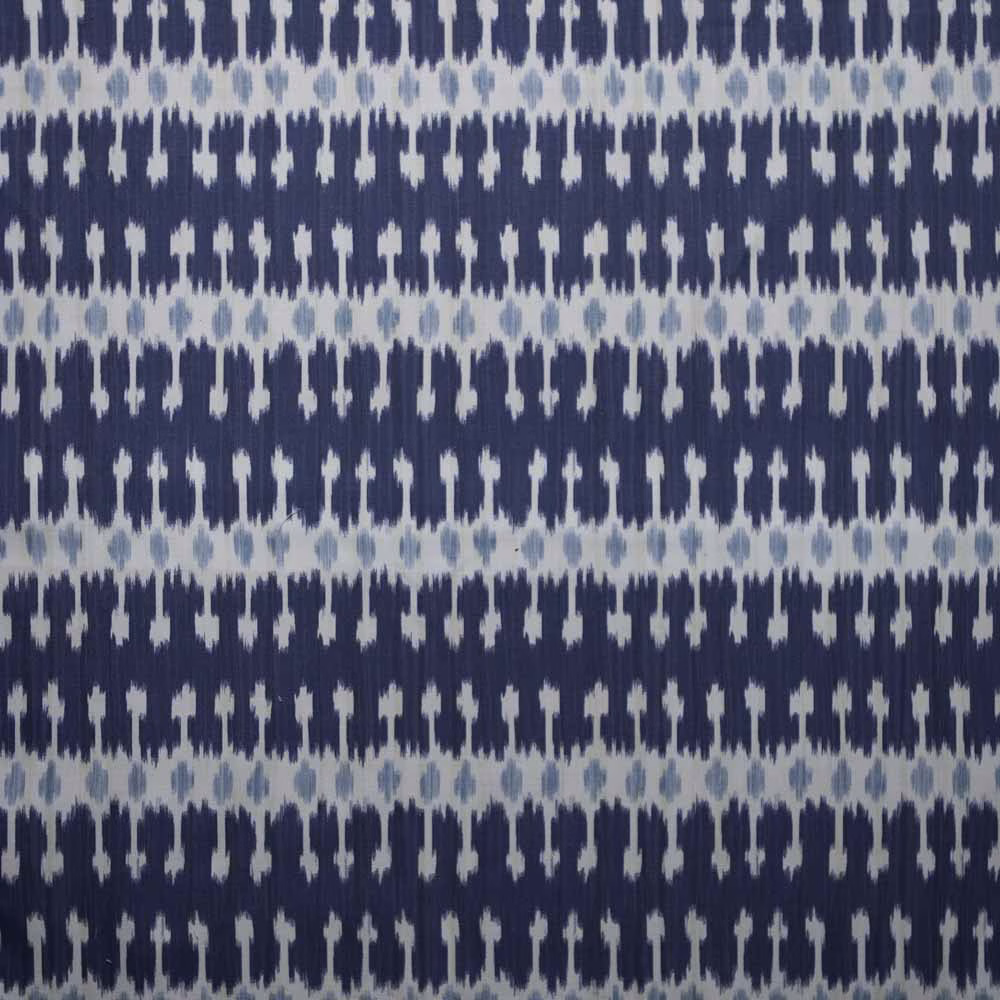 Close-up of navy and pale blue striped woven fabric with small vertical motif
