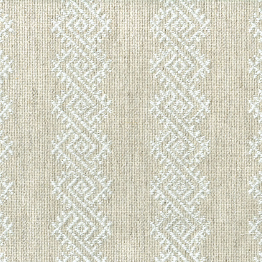 Oyster cream fabric with white geometric diamond bands on a textured weave