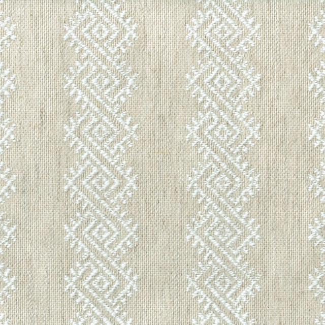 Oyster cream fabric with white geometric diamond bands on a textured weave