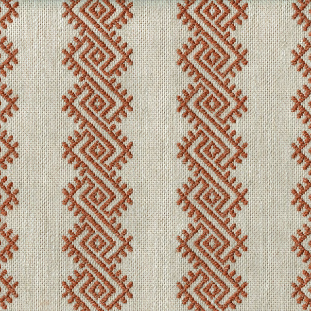 Terracotta diamond geometric woven fabric on a pale natural ground