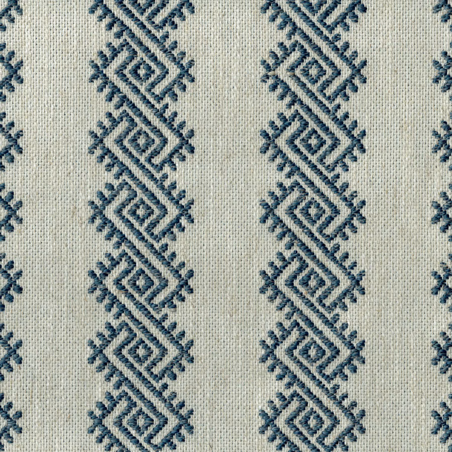 Cream woven fabric with vertical teal-blue geometric diamond motifs