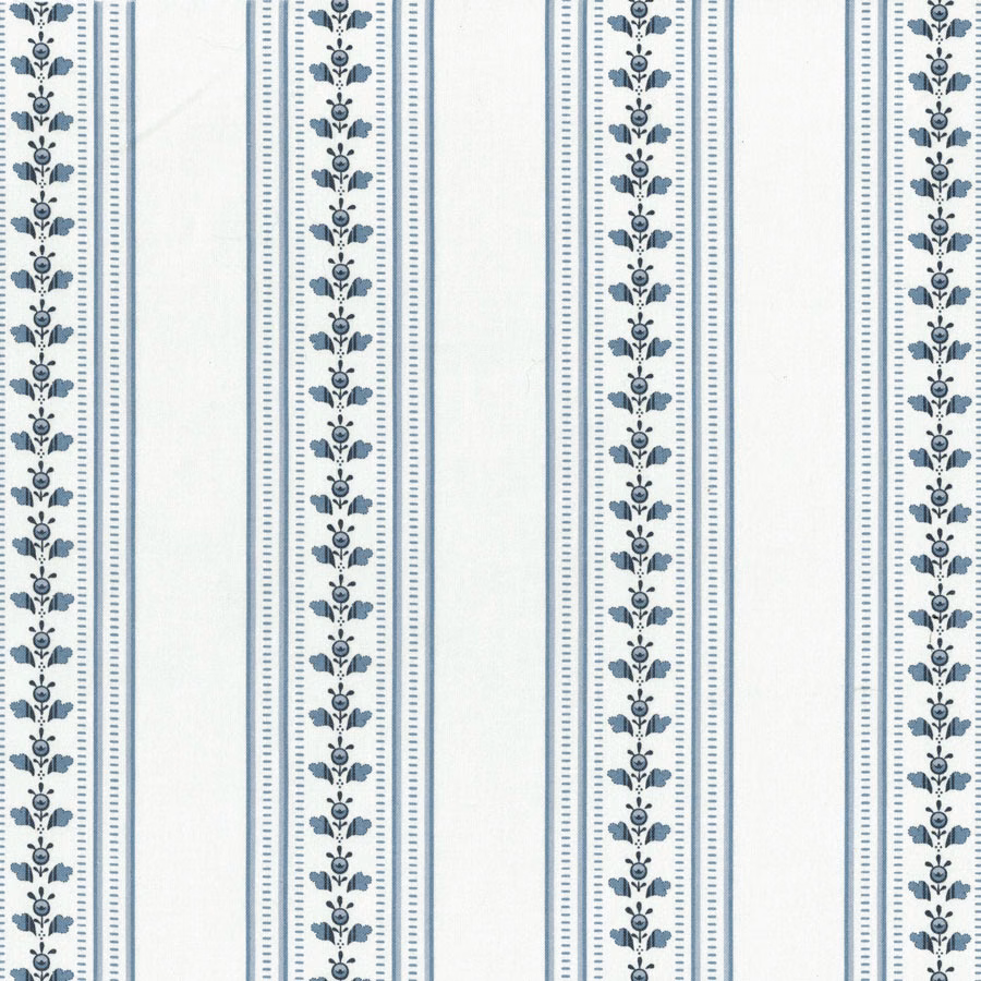 Vertical blue and white striped fabric with narrow floral bands