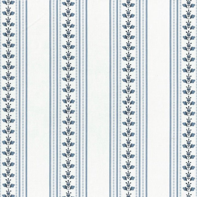 Vertical blue and white striped fabric with narrow floral bands